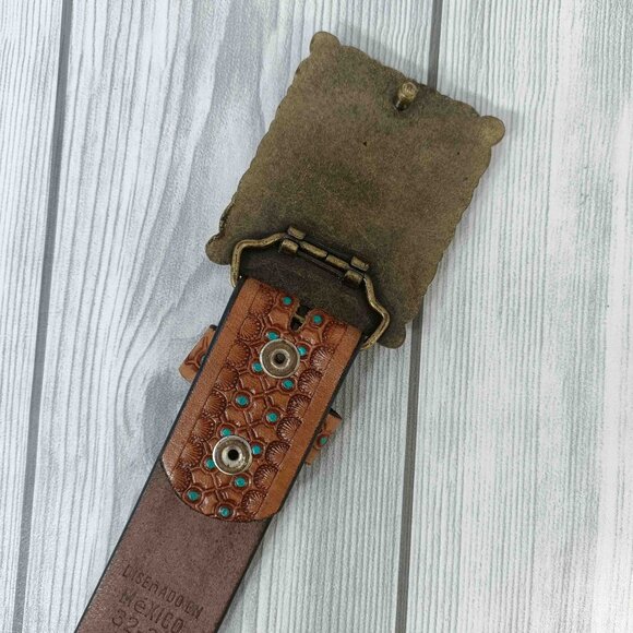 Turquoise Tooled Leather Western Belt: Floral Scrollwork, Antique Brass Buckle - Picture 7 of 12